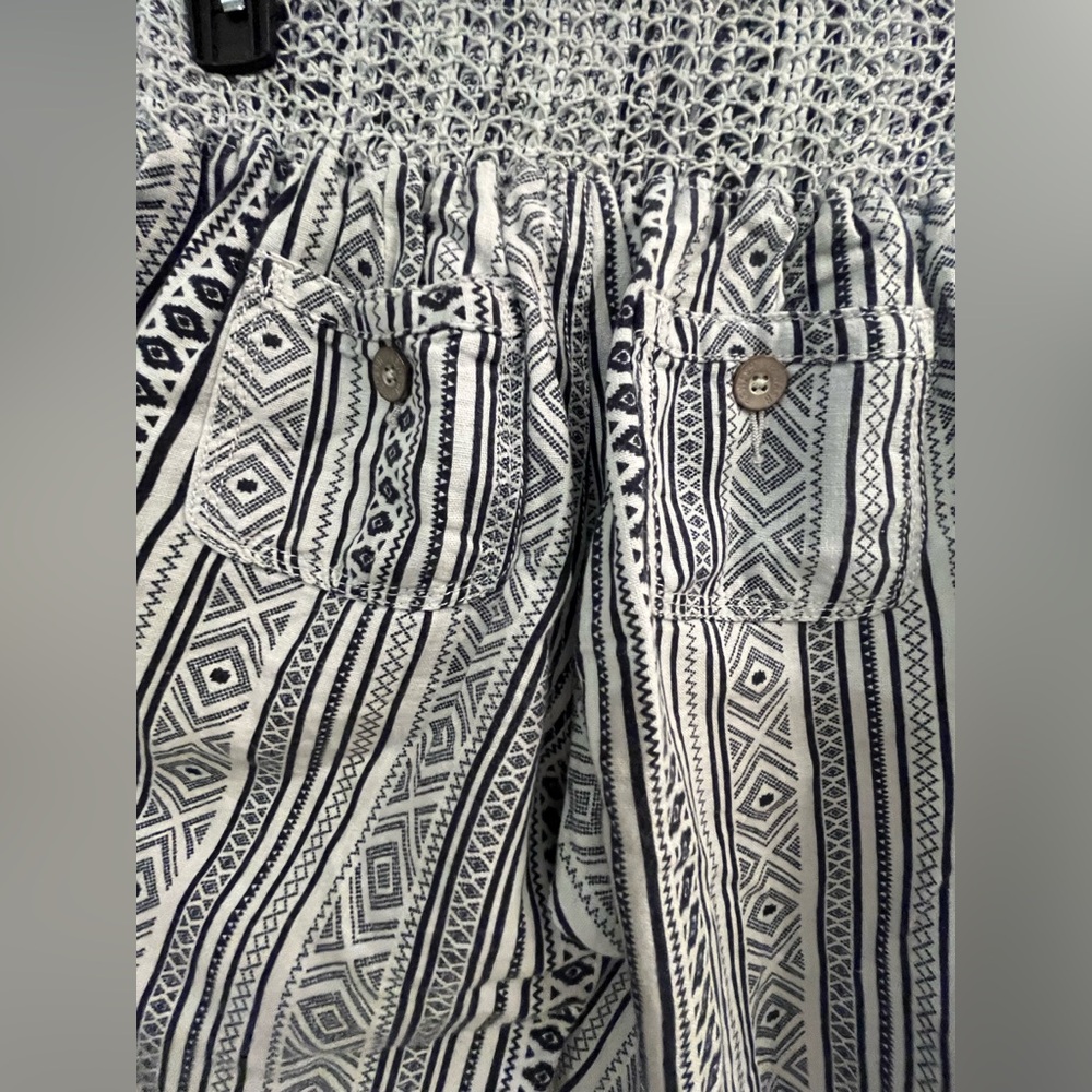 Rewash Blue and White Geometric Patterned Women's Wide Leg Linen Blend Pants - Picture 5 of 8